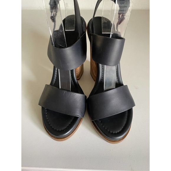 Vince Haley Sandal Black Leather Open Toe Two Strap Ankle Buckle Wood He… - Picture 3 of 11